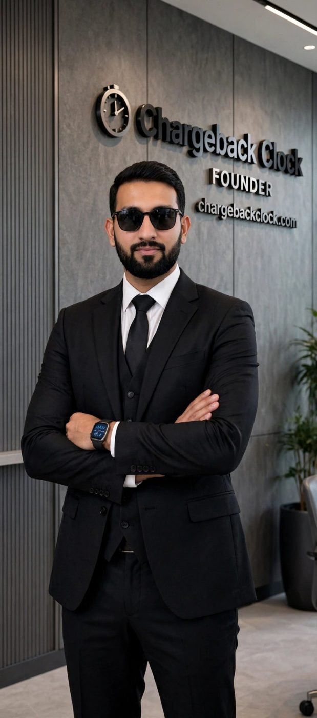 Muhammad Umer, founder of Chargeback Clock, at the Chargeback Clock wall